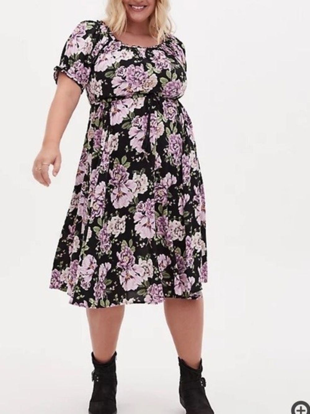 Torrid Black With Purple Floral Peasant Midi Dress, Size 0x Fair